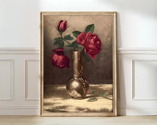 Nationcog Vintage Rose Wall Art Print - Red Roses in Vase Floral Artwork - Classic Still Life Flower Painting for Living Room, Bedroom, Cafe, Home Wall Decoration (Unframed) (27x40)