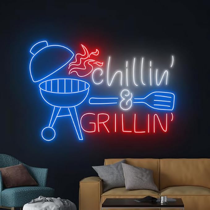 Chilling And Grilling Neon Light, BBQ Neon Sign, Barbecue Led Light, Grill Led Sign, Fire Meat Room Wall Decor, Restaurant Neon Light Size:23inch