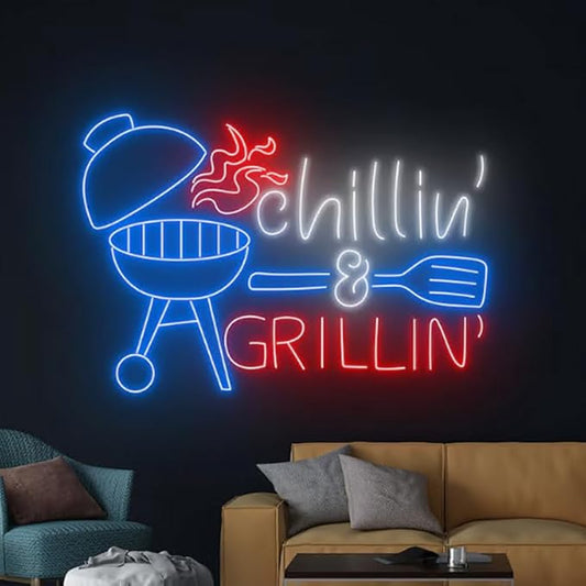Chilling And Grilling Neon Light, BBQ Neon Sign, Barbecue Led Light, Grill Led Sign, Fire Meat Room Wall Decor, Restaurant Neon Light Size:23inch