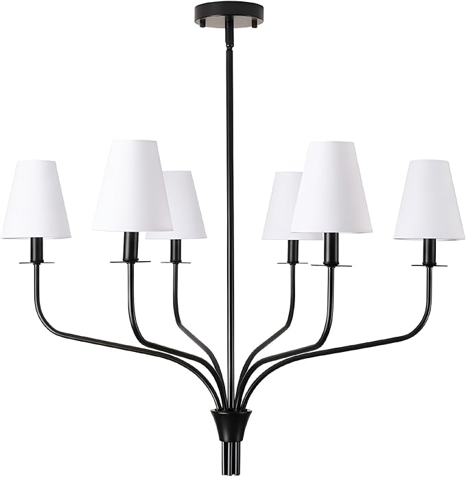30" Modern Black Chandelier for Dining Room - 6-Light Pendant Lighting Fixture with White Fabric Shade, Mid Century Ceiling Light for Living Room Bedroom Kitchen Island, E12