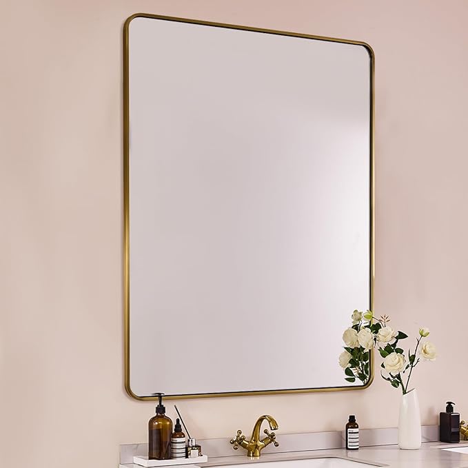 ANDY STAR 48x32 Inch Gold Bathroom Mirror, Brushed Gold Mirrors for Wall in Anti-Rust SUS304 Tube Metal Frame, Rounded Rectangle Mirrors 1’’ Deep Wall Mounted Vertically/Horizontal for Bathroom