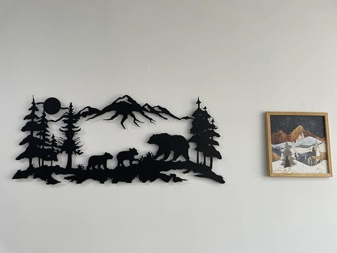 Metal Wall Art, Metal Bear Family Art, Tree Mountain Decoration, Nature Wall Decor, Wildlife Lover Gift, Wall Hangings (47"W x 20"H / 117x51cm)