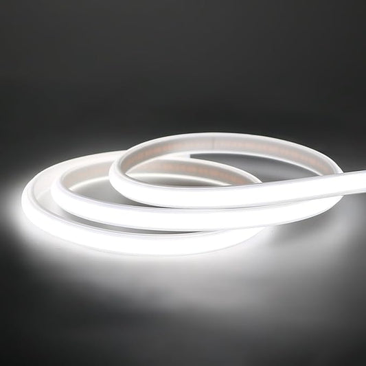 COB Outdoor LED Strip Lights 16.4 ft Waterproof IP67 AC 110V Light Stip Flexible Cuttable LED Lights 320LEDs/m 6000K Cold White with US Plug Indoor Rope Lights for Bedroom Kitchen Cabinet Lighting
