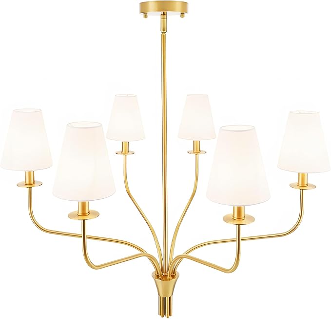 30" Modern Gold Chandelier for Dining Room, 6-Light Brushed Brass Pendant Light Fixture with White Fabric Shade,Mid Century Ceiling Lighting for Living Room Bedroom Kitchen Island, E12