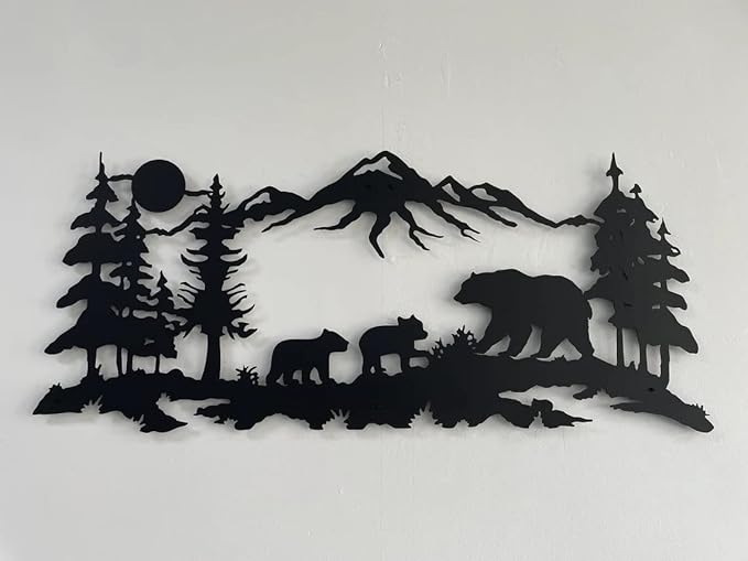 Metal Wall Art, Metal Bear Family Art, Tree Mountain Decoration, Nature Wall Decor, Wildlife Lover Gift, Wall Hangings (24"W x 10"H / 60x26cm)