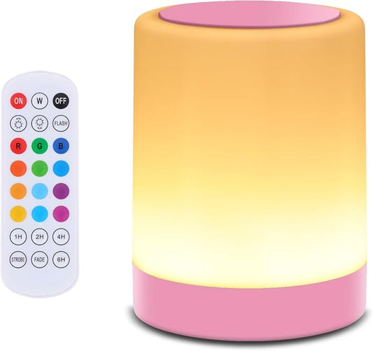 OORUN Touch Bedside Table Lamp,13 RGB Colors & 5 Brightness, USB Rechargeable Desk Lamp, Remote Control Dimmable Night Light with RGB Color Changing,Portable Lamp for Baby, Bedroom, Living Room (Pink)