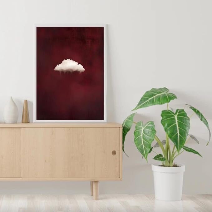 Nationcog Minimalist Cloud Wall Art Print on Burgundy Background, Modern Surreal Cloud Poster, Abstract Sky Artwork, Contemporary Red Aesthetic Decor for Bedroom or Living Room (Unframed) (11x14)