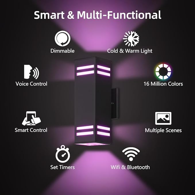 KIZON Modern Smart Porch Lights RGBCW, Dusk to Dawn Outdoor Lights Color Changing App Control with Remote, Dimmable WiFi Up and Down Lights Outdoor Sconce for House Theater Garage, ETL Listed, 2 Pack