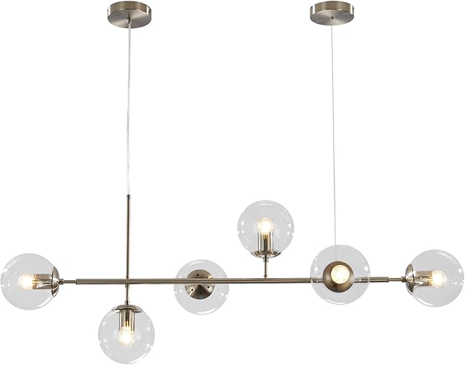 KCO Lighting 6 Light Bubble Glass Pendant Light Mid Century Modern Globe Sputnik Chandelier Linear Chandelier Lighting Brushed Nickel Hanging Light Fixture for Kitchen Island Dining Room