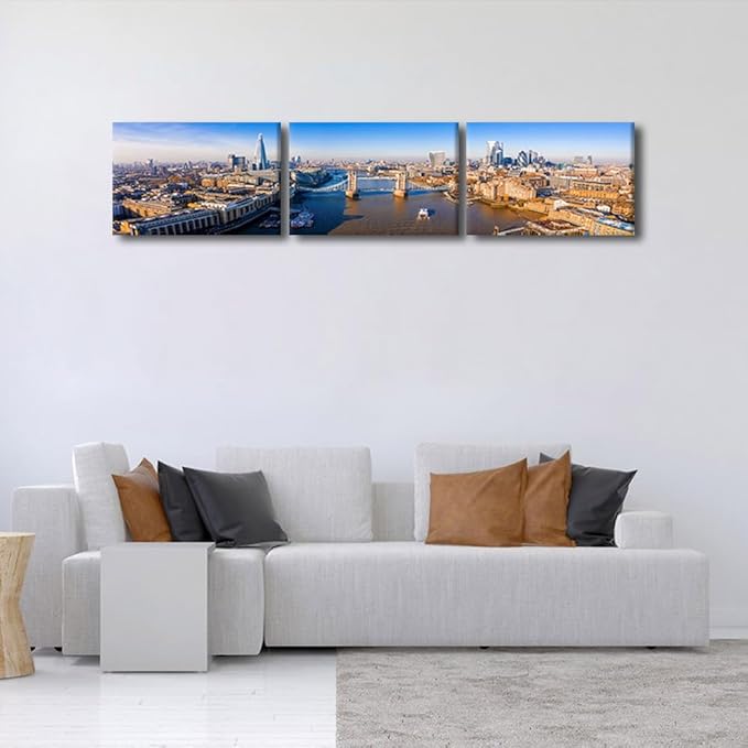 Aerial View of the Tower Bridge in London City Skyline Pictures for Living Room Cityscape Canvas Wall Art Modern Decor Beautiful Panorama of London Tower Bridge Artwork Posters Prints 12x48 Inch