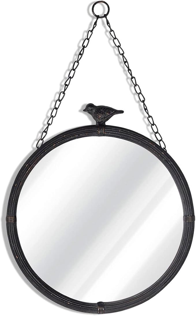 NIKKY HOME 11.2" Decorative Small Hanging Mirrors Vintage Rustic Round Metal Framed Wall Mounted Mirror Decor with Bird for Bathroom Living Room Office, Antiqued Black