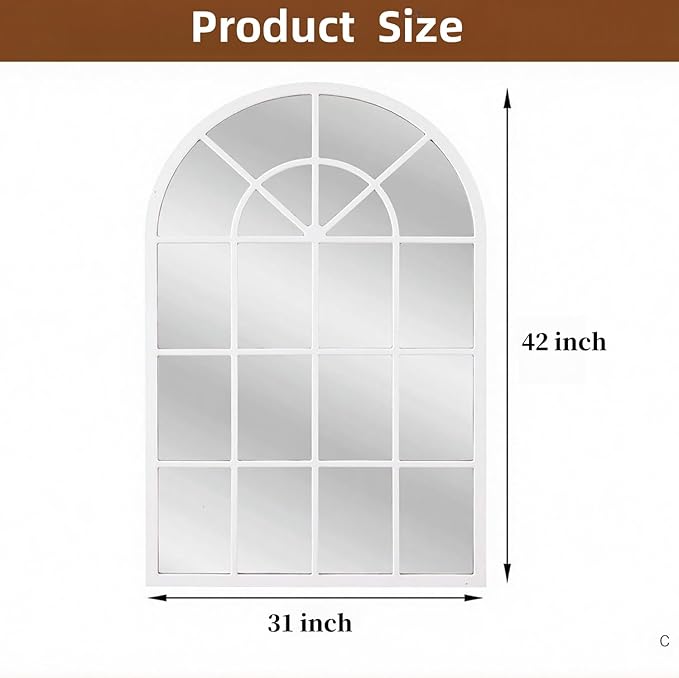 Arch Wall Mirror Mounted Decorative, 31"x42", Arched Window Pane Mirror for Wall-Mounted for Entryway, Bathroom Vanity, Living Room or Bedroom, Iron Frame, White