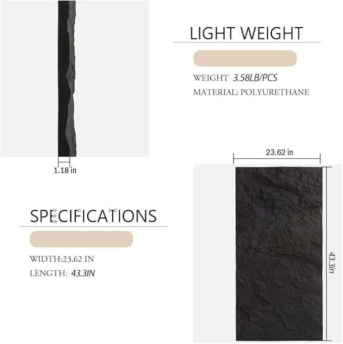 4-Pack 3D PU Stone Wall Panels for Interior Decor - Graphite Black, 43.30"x23.62"x1.18" | Faux Stone Accent Wall Tiles, Lightweight & Waterproof