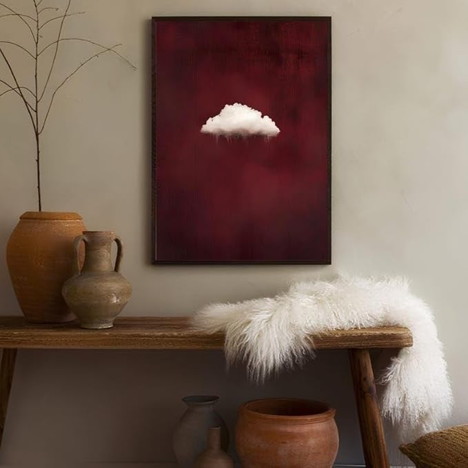 Nationcog Minimalist Cloud Wall Art Print on Burgundy Background, Modern Surreal Cloud Poster, Abstract Sky Artwork, Contemporary Red Aesthetic Decor for Bedroom or Living Room (Unframed) (11x14)