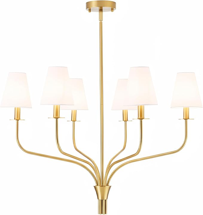 30" Modern Gold Chandelier for Dining Room, 6-Light Brushed Brass Pendant Light Fixture with White Fabric Shade,Mid Century Ceiling Lighting for Living Room Bedroom Kitchen Island, E12