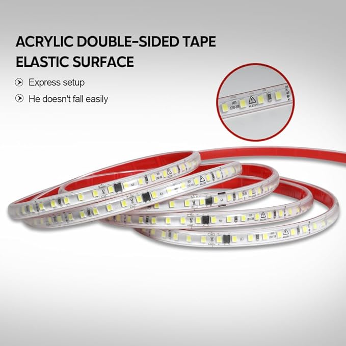 LED Strip Lights Waterproof White LED Strip AC 110V Rope Light 3 Meter with US Plug 9.84 Feet Outdoor Lights 120 LEDs/M Adhesive Tape Lighting 4000K for Bedroom Under Cabinet Lighting