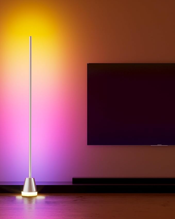 Keepsmile Smart RGB LED Corner Floor Lamp, Bright Standing Lamps for Living Room with APP and Remote,Modern Floor Lamp with Music Sync and 16 Million Colors, Ambient Light for Bedroom Silver