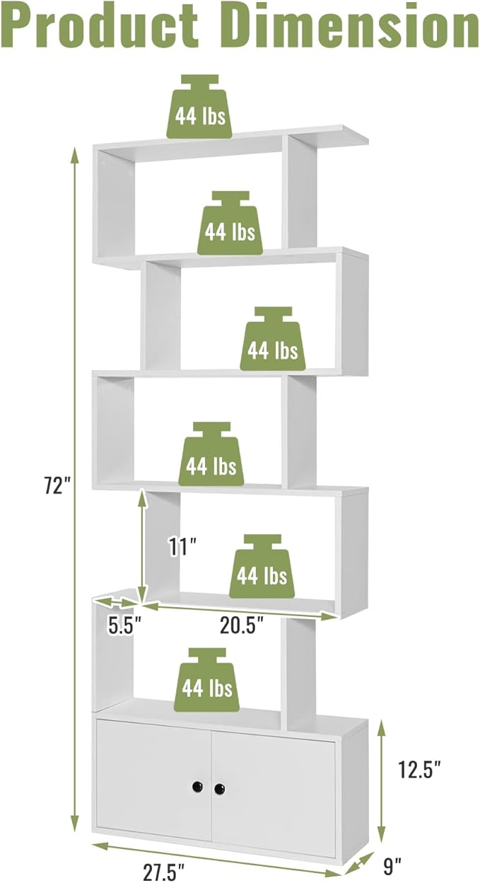 6-Tier Geometric Bookcase Set of 2, 72” Freestanding Room Divider Bookshelf with Open Display Shelves & Storage Cabinet, Wood S-Shaped Storage Organizer for Living Room, Bedroom & Home Office