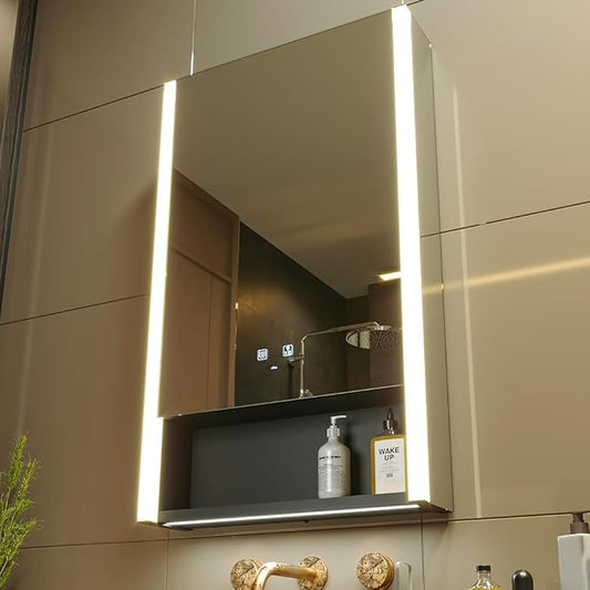 KWW LED Lighted Bathroom Medicine Cabinet with Sockets & USBs, Defogger, Dimmable, 3 Color Light Makeup Mirror, Easy to Install, Wall Mounted Cabinet (Left Hinge, 21 * 34)