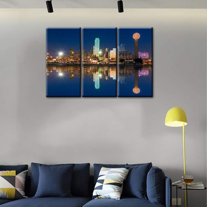 3 Piece Dallas Skyscrapers Reflected in Trinity River at Sunset Giclee Canvas Prints Modern Stretched and Framed Art work Cityscape Pictures Paintings on Canvas Wall Art for Bedroom Home Decorations
