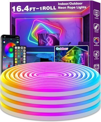 32.8Ft Neon Rope Lights,Flexible Led Rope Lights Control with App/Remote,Multiple Modes Rope Lights,IP65 Outdoor RGB Led Neon Lights Waterproof,Music Sync Gaming Led Light Strip (16.4FT)