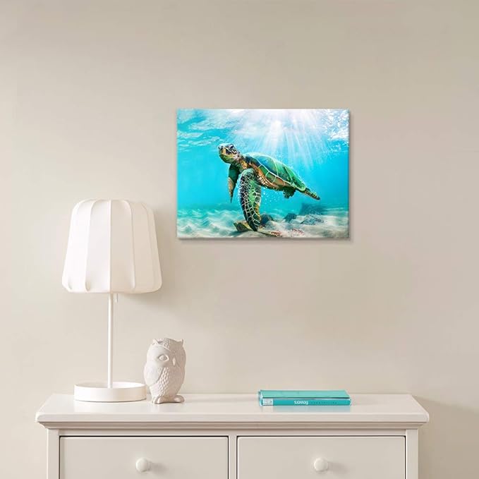JAPO ART Green Sea Turtle Wall Decor Tropical Canvas Wall Art Prints Hawaii Turtle Picture Gift Florida Sea Life Teal Watercolor Ocean Animal Painting Small Framed Pictures for Bathroom Living Room