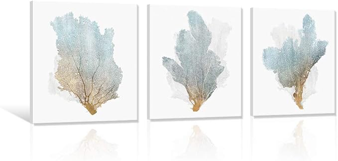 JAPO ART Delicate Coral by PI Creative Art Modern Ocean Marine Animal Wall Pictures Vintage Giclee Print on Canvas Stretched for Living Room Bedroom 12 x 12 inch x 3 pcs