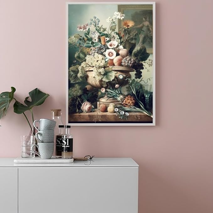 Nationcog Vintage Floral Still Life Wall Art Print - Classical Fruit and Flower Painting in Vase - Elegant Botanical Artwork for Kitchen, Dining Room, Hallway or Gallery Decor (Unframed) (24x36)