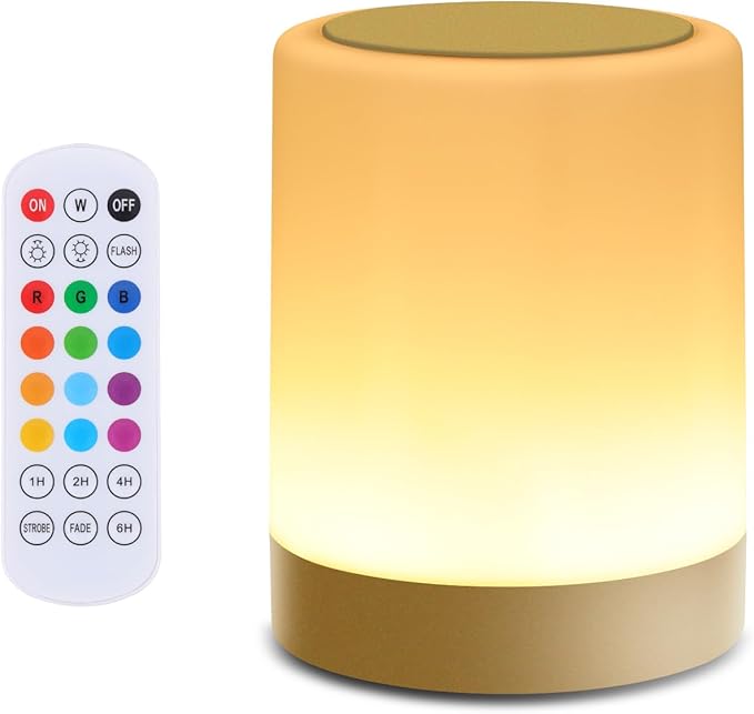 OORUN Touch Bedside Table Lamp,13 RGB Colors & 5 Brightness, USB Rechargeable Desk Lamp, Remote Control Dimmable Light with RGB Color Changing,Portable Lamp for Baby (Gold)