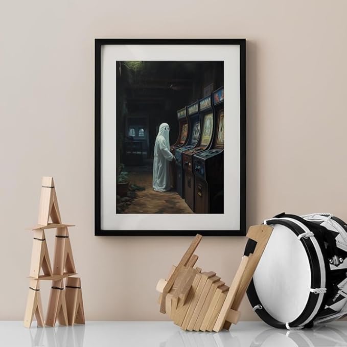 Nationcog Ghost Playing Arcade Wall Art Print – Retro Gaming Ghost Poster for Gamer Room, Halloween Decor, Spooky Aesthetic Art for Bedroom or Gaming Setup (Unframed) (9x11)