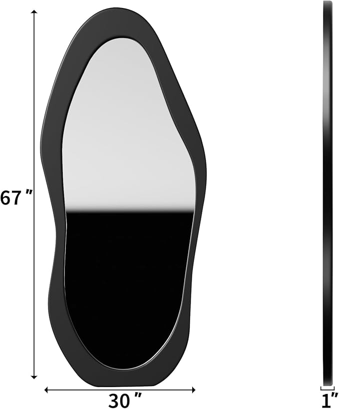 67" x 30" Irregular Wavy Full Body Mirror - Wooden Framed, Hanging/Leaning Wall Mounted for Cloakroom/Bedroom/Living Room