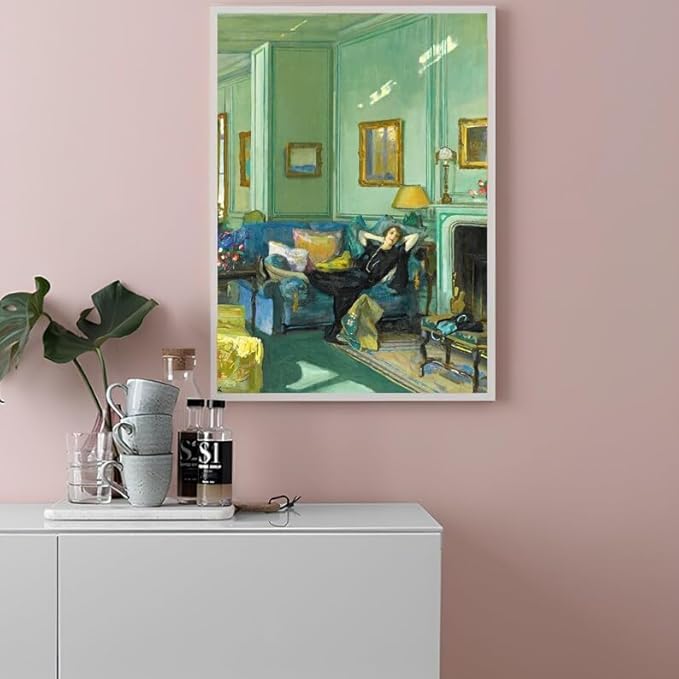 Nationcog Vintage Woman Relaxing in Living Room Wall Art, Elegant Interior Scene Painting Print, Cozy Green Room Aesthetic Poster, Classic Home Decor for Living Room or Study (Unframed) (9x11)