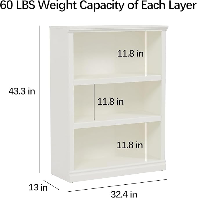 43 in Tall Bookcase, 3-Tier Bookshelf Open Storage, 33 inch Wide Floor Standing Indoor Furniture, Book Cases for Home School Library Office Bedroom Kids, White 3 Tiers