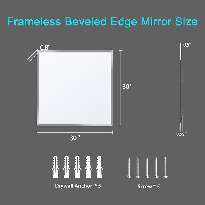 30x30 Inch Bathroom Mirror Frameless Beveled Edge Rectangle Wall Mirror Explosion Proof and Shatterproof Bathroom Vanity Mirror Wall Mounted Hang Firmly (Horizontal or Vertical)