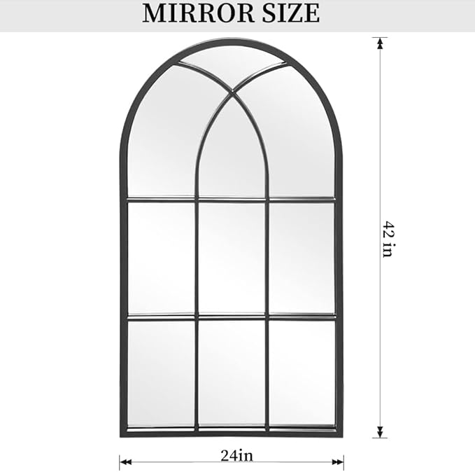 Arched Window Wall Mirror, 42"x24", Decorative Mirror, Vanity Mirrors for Bathroom, Bedroom, Entryway, Living Room, Window Pane or Farmhouse Mirrors for Wall Decor, Metal Frame, Black