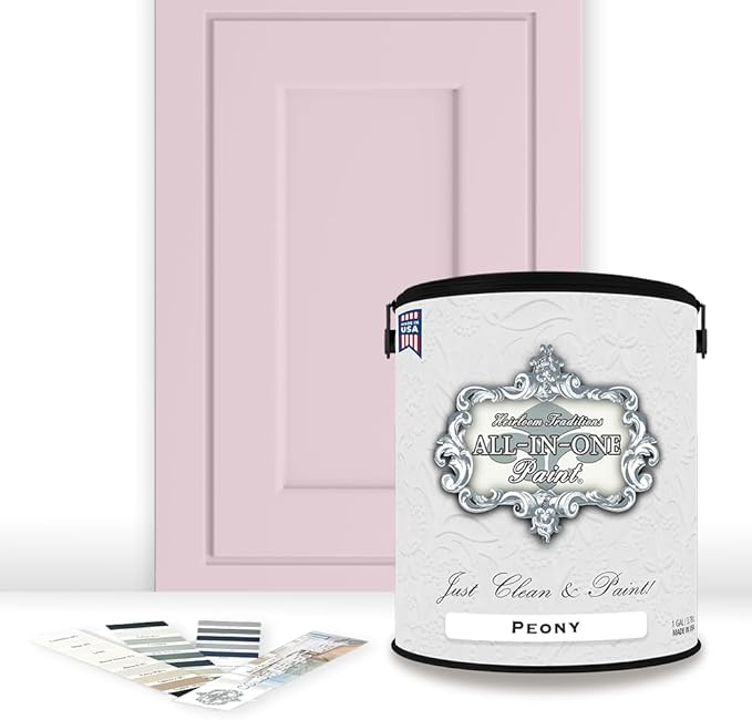 ALL-IN-ONE Paint, Durable cabinet and furniture paint. Built in primer and top coat, no sanding needed. Includes our 30 featured color card - Peony (pale pink), Gallon
