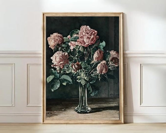 Nationcog Pink Rose Wall Art Print - Vintage Flower Bouquet Painting in Glass Vase - Antique Floral Still Life Artwork for Living Room, Bedroom, Office, Hallway, Home Decor (Unframed) (24x36)