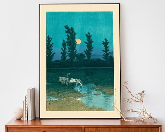 Night Sky and Full Moon Japanese Poster, Woodblock Art by Kawase Hasui, Japandi Wall Decor, Vintage Zen Boho Print for Relaxed Spaces (Unframed) (24x36)