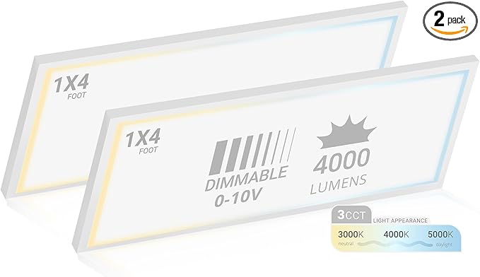 NUWATT 2 Pack 1x4 FT LED Surface Mount Panel 120-277V Universal Voltage, 3CCT 3000K/4000K/5000K Selectable, 4000LM, 40W, Internal Driver, 0-10V Dimmable, 12x48 Inch Flush Mount Ceiling Light, 1" Thick