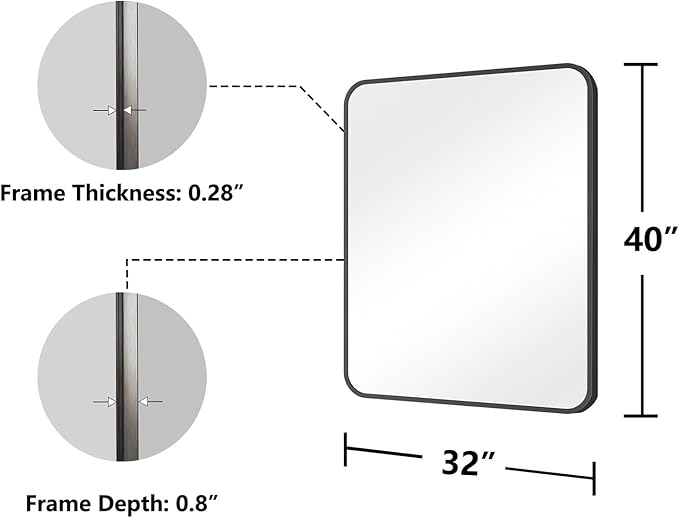 Koonmi Bathroom Mirror, 32X40 Inch Black Metal Framed Mirror for Bathroom, Tempered Glass, Anti-Rust, Rounded Rectangle Mirror for Restroom, Bedroom, Black