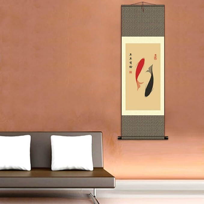 AtfArt Asian Wall Decor Beautiful Silk Scroll Painting - Ancient Pisces Double Fish Oriental Chinese Art Wall Hanging (39 x 12 in)