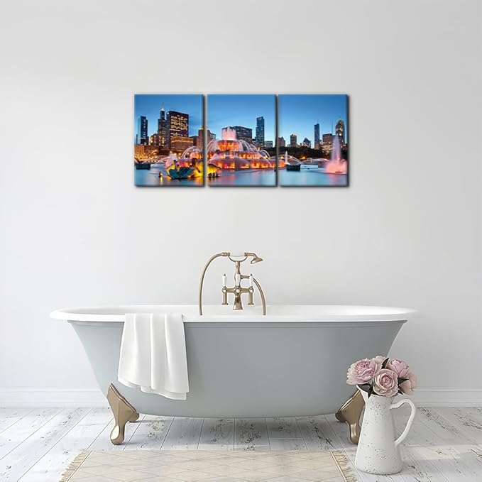 Pacimo Buckingham Fountain Canvas Wall Art Grant Park Skyline Painting Picture Wall Decor Chicago Cityscape Gallery Wrapped Posters Prints Modern Artwork for Living Room Bedroom - 12"x16"x3 Panels