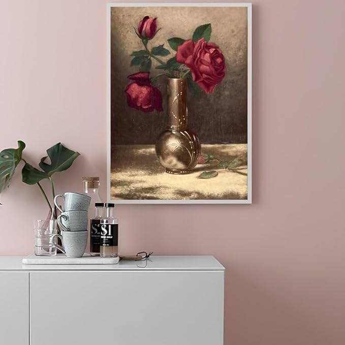 Nationcog Vintage Rose Wall Art Print - Red Roses in Vase Floral Artwork - Classic Still Life Flower Painting for Living Room, Bedroom, Cafe, Home Wall Decoration (Unframed) (11x14)