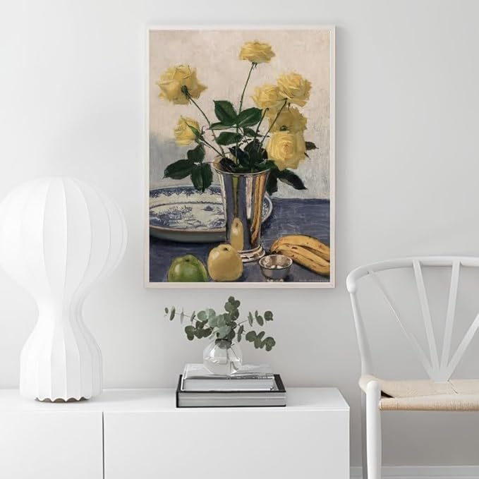 Nationcog Yellow Rose Still Life Wall Art Print - Vintage Floral and Fruit Painting in Vase - Classic Botanical Artwork for Kitchen, Dining Room, Living Room or Gallery Decor (Unframed) (20x30)