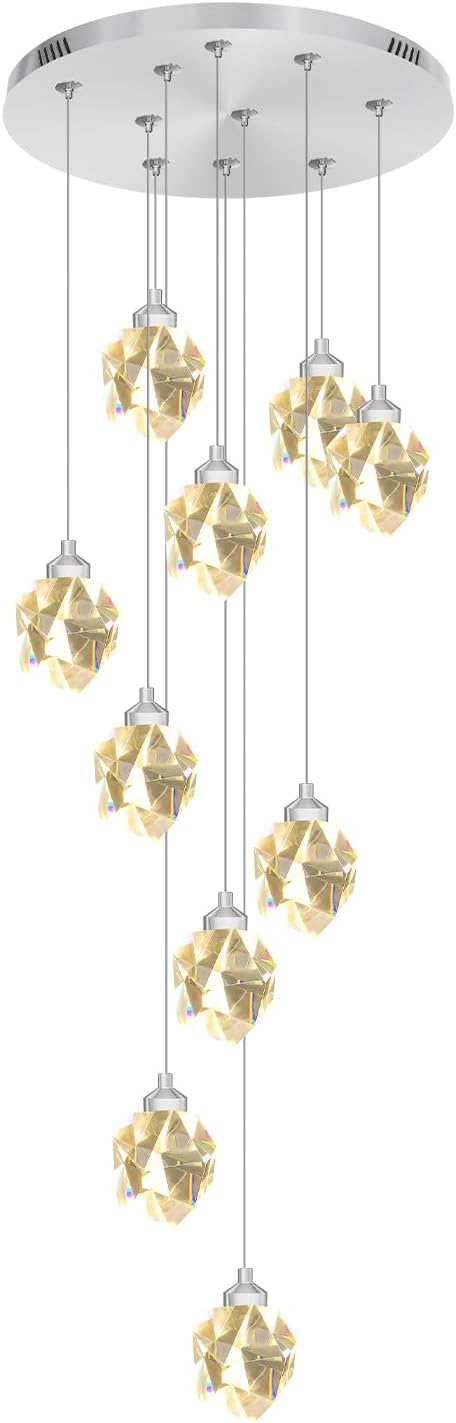 Long Crystal Chandelier Silver 10-Light Spiral Stair Chandeliers for High Ceilings Foyer Entryway Flush Mount Ceiling Lights LED Dimmbale 3000-6000K