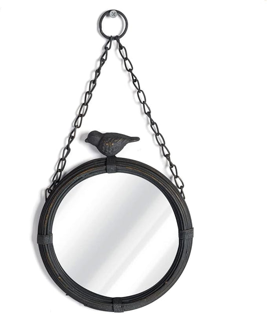 NIKKY HOME Shabby Chic Small Wall Mirrors Decor Decorative Metal Framed Hanging Round Mirror Vintage Rustic with Sparrow for Bathroom Living Room Office, Antiqued Black