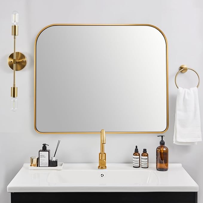 ANDY STAR 36x30'' Brushed Brass Arched Mirror, Modern Arched Mantel Rectangular Mirror Rounded Corner for Fireplace, Bathroom, Powder Room in 1 inch Anti-Rust SUS304 Tube Metal Frame Wall Mounted