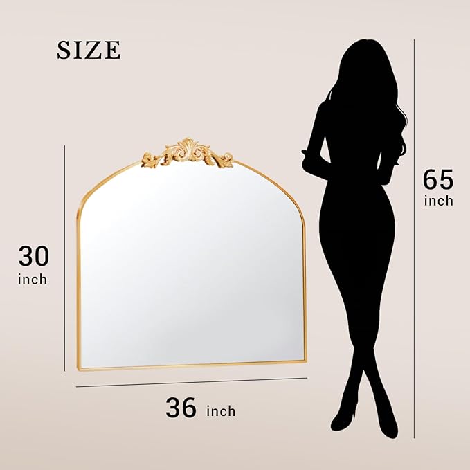 MISSDAY Vintage Arched Baroque Mirror for Wall, 36"X30" Antique Wall Mirror with Elegant Carving Top, Full Metal Frame Wall-Mounted Mirror for Bathroom, Living Room, Fireplace, Entryway, Hallway, Gold