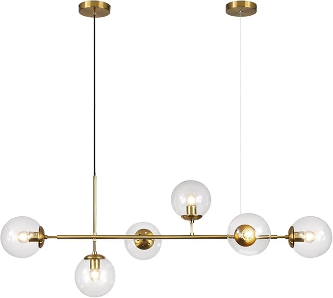 KCO Lighting 6 Light Bubble Chandelier Lighting Clear Glass Globe Chandelier Brass Gold Linear Pendant Light Mid Century Modern Pendant Light for Living Room Kitchen Island Dining Room
