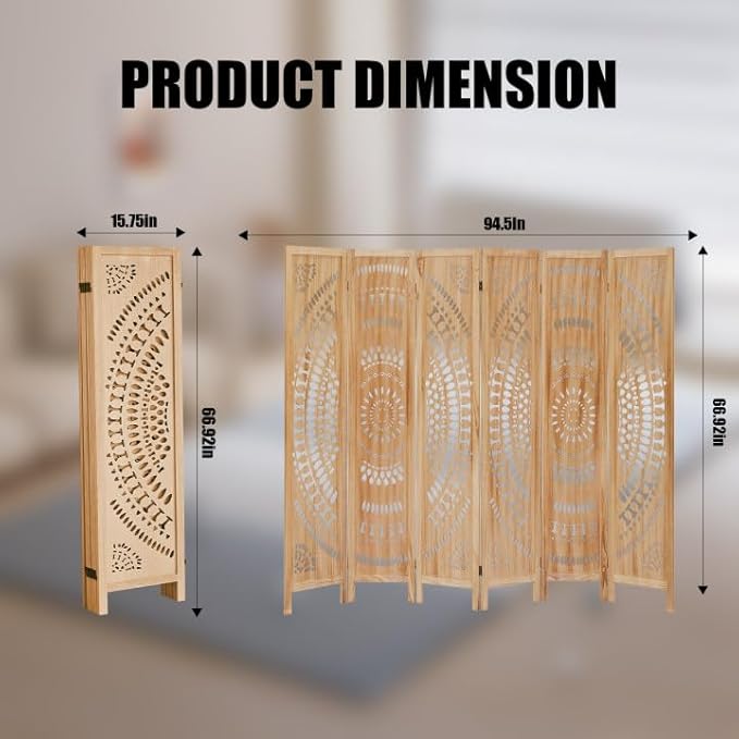 6 Panel Wood Room Divider Fully Assembled, Decorative Room Dividers and Folding Screens, 5.6Ft Room Divider Screen Freestanding Partition Wall Dividers for Home Bedroom Office, Light Brown
